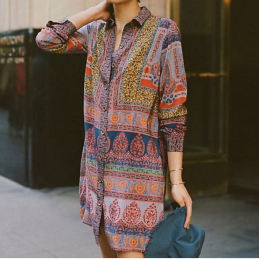 Anthropologie Maeve Casablanca Multicolor Patterned Silk Button Up Shirt Dress 6